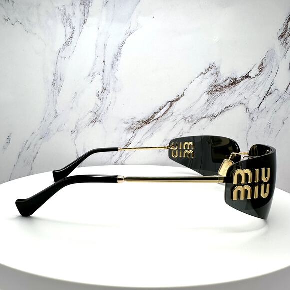 New MIU MIU Sunglasses Gold Dark Gray Lens Runway Wrap Rimless Authentic Miu Miu